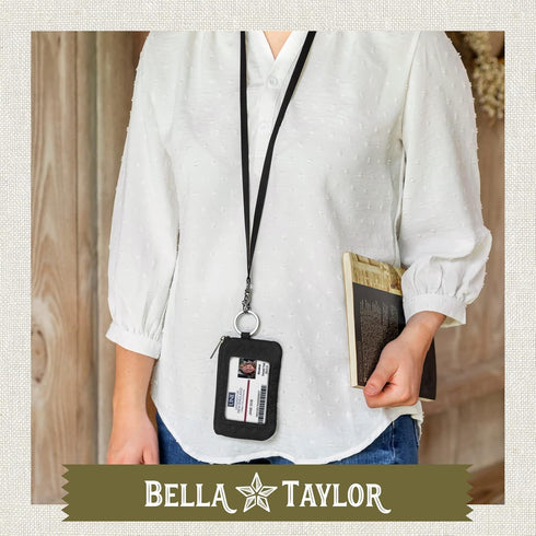 Bella Taylor ID Lanyard for Women and Girls, Keychain Wallet with Badge Holder and Zip Pouch, Quilted Vintage Black Microfiber...