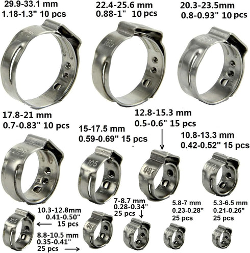 200 Pcs 304 Stainless Steel Stepless Single Ear 5-33mm Hose Clamps with Pincers Crimper Tool Kit | Securing Pipe Hoses Automotive | Cinch Rings Pi...