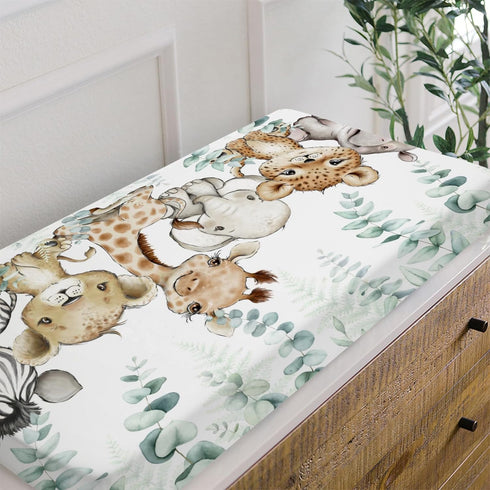 African Safari Jungle Animals Eucalyptus Leaf Changing Pad Cover Baby Girl Boy, Giraffe Elephant Leopard Lion Zebra Diaper Change Table Sheet Soft...