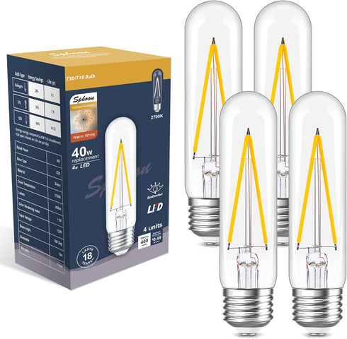 E26 LED BULB 40W Dimmable, T10 Vintage LED Bulbs, 4W 400lm, 2700K Warm White, LED Filament Bulbs with 80+ CRI, Clear Glass, Pack of 4...