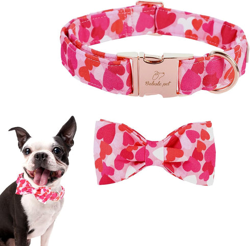 Valentine's Day Dog Collar with Bow Tie, Cotton Love Pink Dog Collar Girl Dog Collar Adjustable Cute Dog Collar with Safety Metal Buckle as Pet Gi...