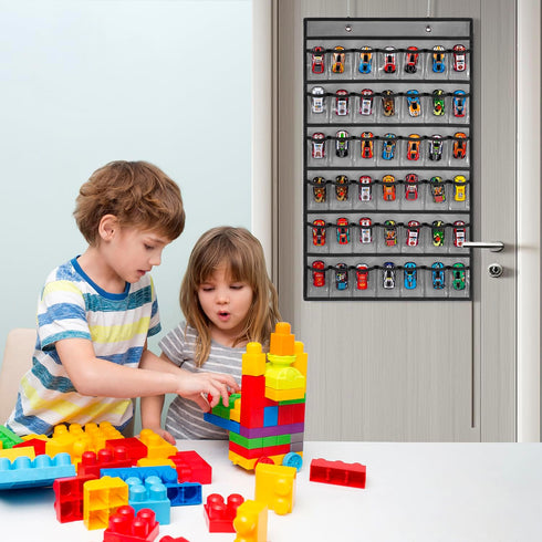 Toy Car Storage Organizer Hanging Toy Wheels Cars Holder Matchbox Cars Display Case with 42 Clear Pockets (One Side-Grey)...