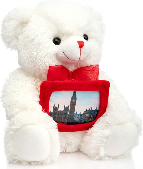 HollyHOME Teddy Bear Stuffed Animal Plush Bear with Red Bow Holding a Picture frame Soft Plush Toy Christmas Valentine's Day Gift 12 Inches White...