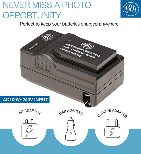 BM Premium LP-E12 Battery and Charger Kit for Canon EOS-M, EOS M2, EOS M10, EOS M50, EOS M50 Mark II, EOS M100, EOS M200, SX70 HS, Rebel SL1 Camer...
