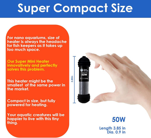 AquaMiracle Upgraded 50W Small Aquarium Heater Fish Tank Heater Turtle Heater Super Mini Aquarium Heater, Dry-Run/Overheating Protection and Memor...