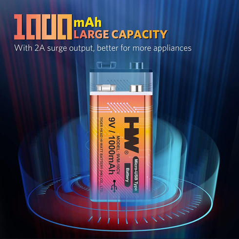 HW 9V Li-ion Rechargeable Battery, 9 Volt/1000mAh(9000mWh) Long Lasting Rechargeable Batteries with Micro-USB, 1000 Cycles Charge, 1.5 Hrs Fast Ch...
