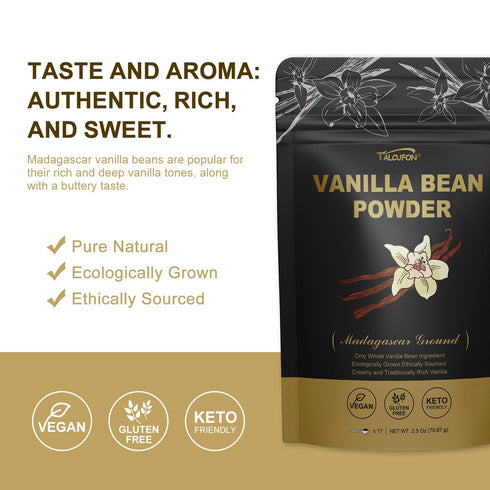 TALCUFON Madagascar Ground Vanilla Bean Powder, 100% Ground Vanilla Beans, No Fillers and Additives, Gluten Free, Non-GMO Great for Coffee, Baking...