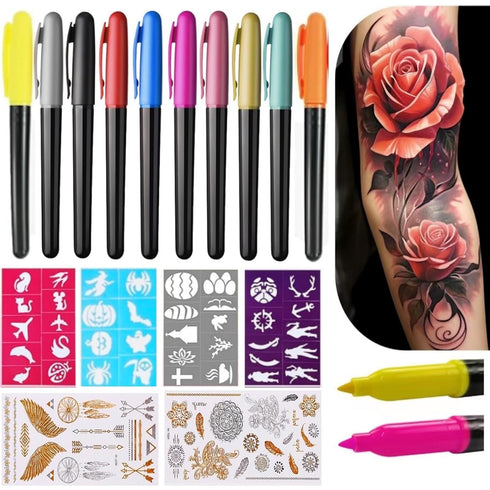 Temporary Tattoo Markers for Skin, 10-Count Body Markers for Family- Cool Gifts for kids and Adults - Skin Tattoos Pen - Skin-Safe, Cosmetic Quali...