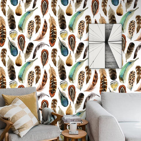 Boho Peel and Stick Wallpaper, 17.71in X 118.1in Self Adhesive Removable WallPaper Brown/Green Plumes Contact Paper Waterproof Decorative Wallpape...