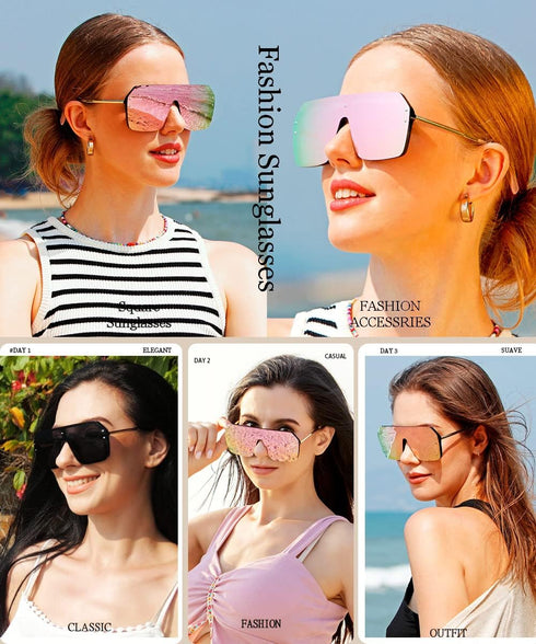 BOJOD Oversized Sunglasses for Women Trendy One Piece Flat Top Rimless Sunglasses Siamese Big Large Shades...