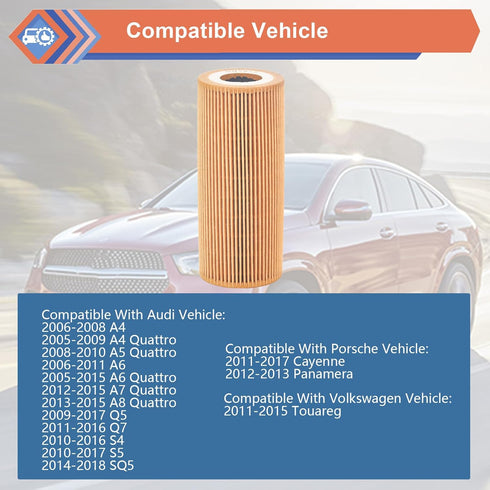 2 Pcs Engine Oil Filter Compatible With Audi Porsche VW Vehicle 2005-2018 A4 A5 A6 A7 A8 Quattro Q5 Q7 S4 S5 SQ5, 2011-2017 Cayenne Panamera, Toua...