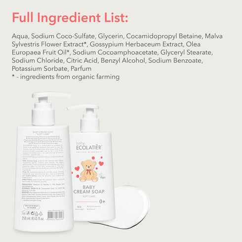 Gentle Baby Cream Soap for Soft and Caring Cleanse, 250ml - With Olive Oil & Cotton Extract, 98% Natural, Vegan kids body wash - Delicate Skin Nou...