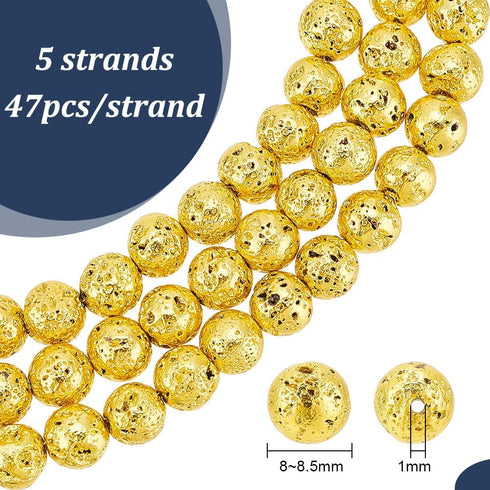 PH PandaHall 235pcs (5 Strands) 8mm Natural Lava Beads Gold Lava Stone Beads Oil Diffuser Beads Chakra Bead Round Loose Beads Lava Beads Energy Be...