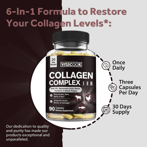 Collagen Peptides Complex, Type I, II, III, 2025 MG, Hydrolyzed Multi Collagen, VC, Biotin, HA, Turmeric & Black Pepper, for Skin, Hair, Nails, Jo...