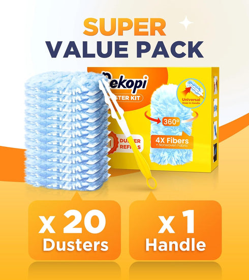 Heavy Duty Duster Kit with 20 Duster Refills & 1 Handle, Compatible with Swiffer Dusters, Multisurface 360° Dusters with 4X Microfibers, Unscented...