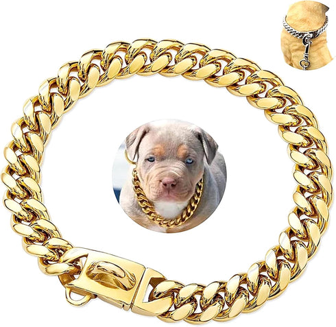 Gold Dog Chain Collar Walking Metal Chain Collar with Design Secure Buckle,14MM Heavy Duty Cuban Link Chain Training Collar for Small Medium Large...