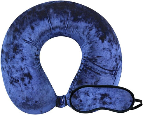 Cloudz Crushed Velvet Ultra Premium Comforlite Memory Foam Airplane Travel Neck Pillow with Matching Luxuriously Soft Black Out Sleep Mask - Blue...