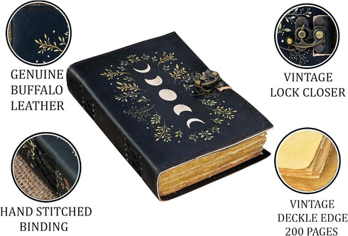 Blank Spell Book of Shadows Journal Moon Phase Printed Witchcraft Supplies Wiccan Notebook Handmade Vintage Deckle Paper Grimoire Journal Leather ...