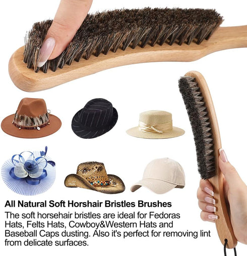 Hat Brush Combo Kit - Horsehair Felt Hat Brush Clean Cowboy Hat, Fedora Hat & Baseball Cap, Boar Bristle Lint Brush Remove Pet Hair Dust for Suits...