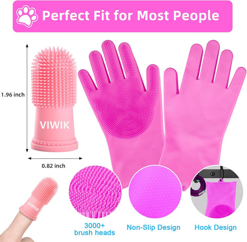 Dog Bath Gloves with 4Pack Dog Toothbrush, Dog Grooming Kit, Dog Finger Toothbrush for Small Breed, Medium Large Dogs, Silicone Dog Washing Gloves...