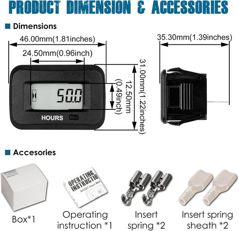 Runleader Digital LCD Hour Meter,AC/DC 5V to 277V for Lawn Mower Generator Motorcycle Golf Cart Forklift Scrubber Machine etc....