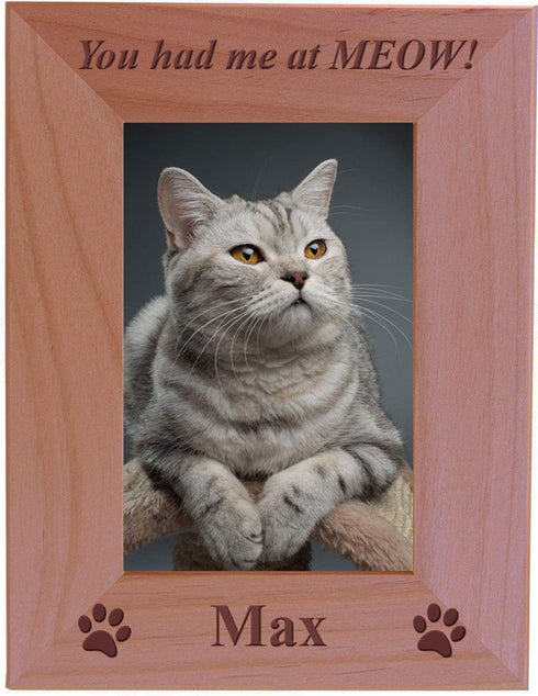 You had me at MEOW! - Custom Engraved Wood Picture Frame - Add your cats name (4x6 Vertical)...