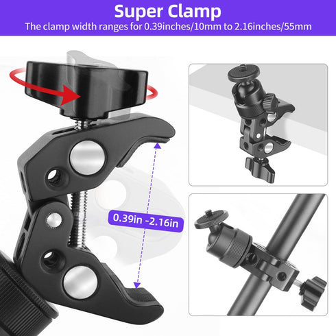 Super Clamp Camera Mount with 360° Ball Head, 1/4" 3/8" Thread, Action Camera Mount, Motorcycle/Bike/Bicycle/Desk/Tripod Pole Mount for Monitor Li...