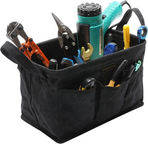 Storage Tool Case, 13.8 x 7.8 x 7.8 Inches, Rectangular Waxed Canvas Fabric Collapsible Tool Bag with Handles for Tools,Wrench Set,Screwdrivers (B...