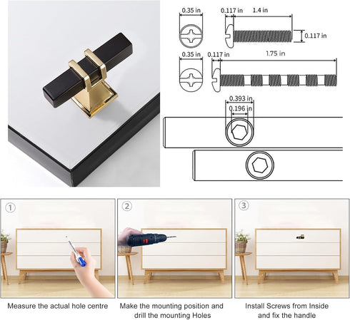 Cabinet Pulls Matte Black and Gold Cabinet Handles, 10 Pack Square Black and Gold T Bar Cabinet Handles Drawer Cabinet Knobs Cupboard Hardware, St...
