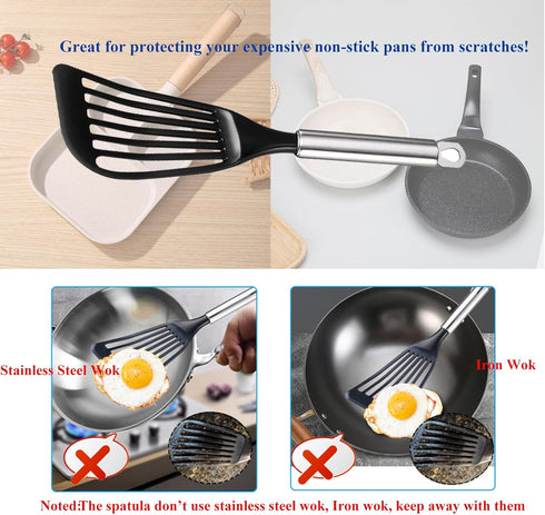 2pcs -Tenta Kitchen Nonstick cookware Thin Slotted Egg Spatula Turner Flexible Nylon Metal Fish Spatula, Wide Blade Lightweight Heat Resistant wit...