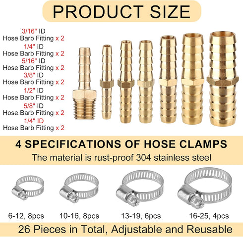 14pcs Brass Hose Barbed Fittings, 3/16" 1/4" 5/16" 3/8" 1/2" 5/8" 1/4" with 26pcs Stainless Steel Hose Clamps, Hose Barb Splicer Mender Connector ...