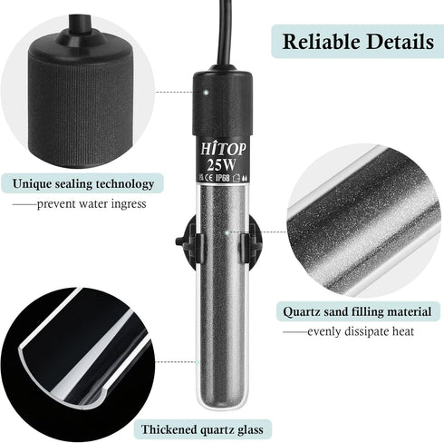 HITOP Mini Submersible Aquarium Heater - 25W 50W 100W 200W 300W Small Heater for Fish Tank 1-70 Gallon with Controller (25W)...