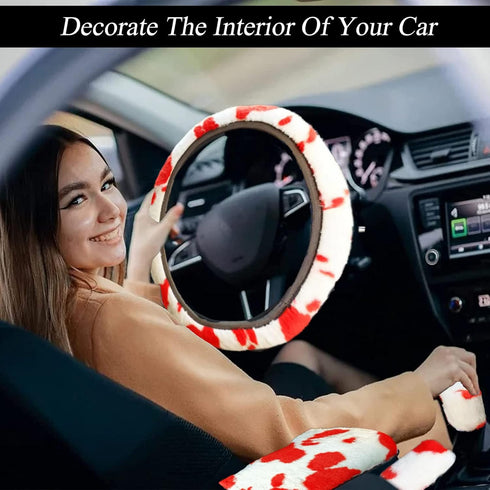 Fluffy Cow Print Plush Steering Wheel Cover for Women with Furry Gear Cover,Handbrake Cover,Seat Belt Cover,Armrest Pad,Car Coaster and Bling Embl...