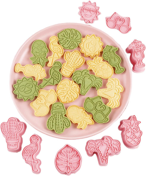 Cactus Cookie Cutter with Plunger Stamps,8 Piece Tropical Beach Themed Biscuit Cutter,3D Pineapple, Flamingo, Monstera Leaf and Palm Tree-Cracker ...