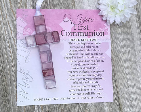 First Communion Gift for Girl - Handmade in USA Pink Mosaic Glass Cross with Sentiment...
