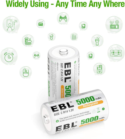 EBL C Size C Cell 5000mAh Ni-MH Rechargeable Batteries, Pack of 2...