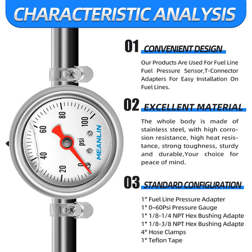 MEANLIN MEASURE 0-100Psi Stainless Steel Glycerin Filled Pressure Gauge 1/8" NPT 1.5" FACE DIAL, with 3/8" Line Pressure Adapter Liquid Filled Pre...