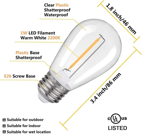 Shatterproof & Waterproof S14 String Light Bulbs-Equivalent to 10 W, S14 led Bulb fits for Commercial Outdoor Patio Garden Vintage Lights, E26 Bas...
