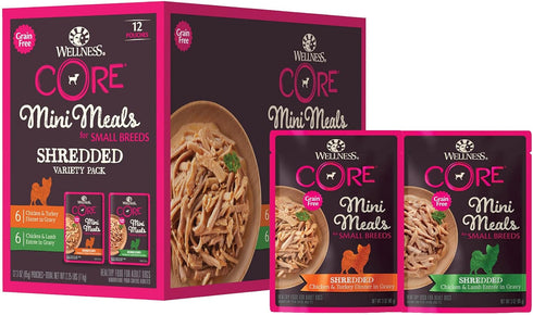 Wellness CORE Natural Grain Free Mini Meals Shredded Variety Pack, 3-Ounce (Pack of 12)...