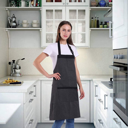 Aprons for Women and Men, Kitchen Chef Apron with 2 Pockets and 40" Long Ties, Adjustable Bib Apron for Cooking, Serving - 32" x 28" - Black/White...