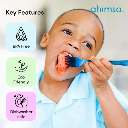 Ahimsa Stainless Steel Forks & Spoons | Cutlery Set | Kids Utensil Set | 100% BPA Free & Dishwasher Safe (Iridescent Blue)...