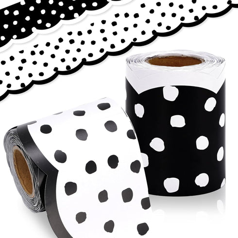 Whaline 65.6ft Dot Bulletin Board Borders White Black Dot Die-Cut Rolled Border Trim for School Classroom Office Chalkboard Decoration, 2 Rolls...