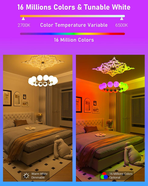 Matter Smart Light Bulbs, Full Spectrum Light Bulb, Work with Alexa and Google Assistant, WiFi Led Light Bulb, 16 Million Colors RGBWW, App & Voic...