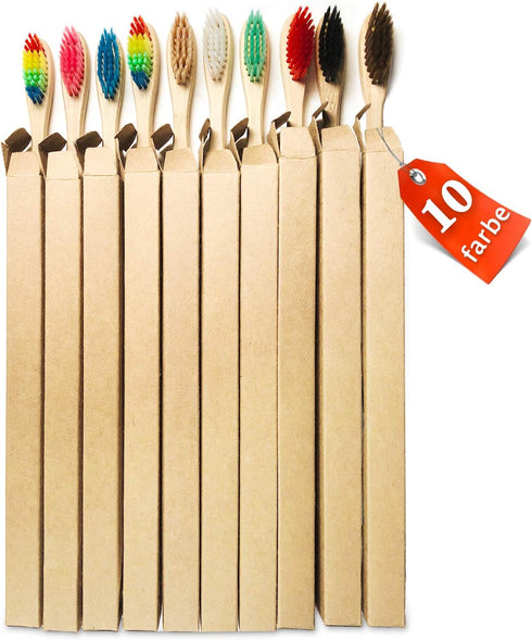 10 Color Soft Bristles Natural Bamboo Toothbrushes Set, Premium BPA Free for Best Clean, Eco-Friendly, Plastic-Free, Vegan, Biodegradable & Compos...