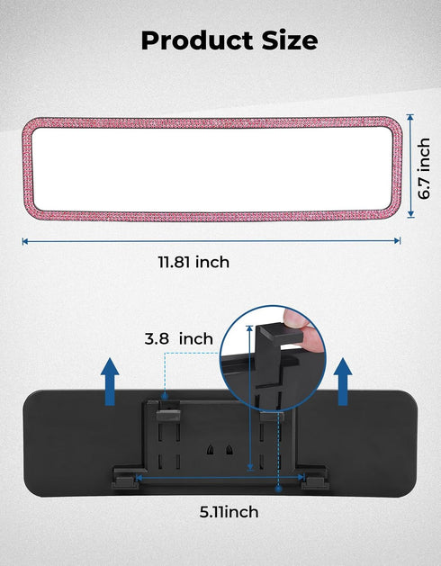 JoyTutus Bling Car Rear View Mirror, Universal 11.81 Inch Panoramic Rearview Mirror Accessories with Bling Rhinestones Crystal Diamonds for Women,...