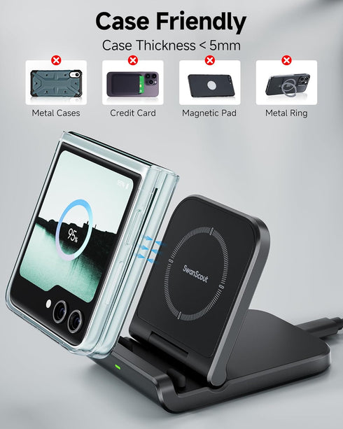 Wireless Charger for Samsung Z Flip 6, SwanScout 501S, Foldable Fast Wireless Charging Stand for Galaxy Z Flip 6/5/4/3, Charging Station for Samsu...
