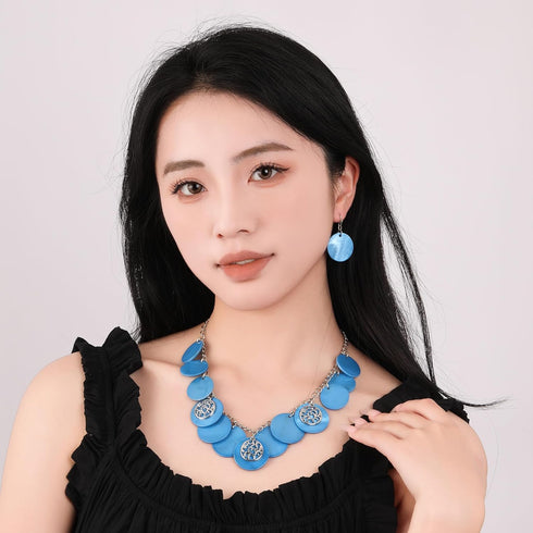Statement Shell Disc Beaded Necklace Big Chunky 18” Necklace and Earrings Set for Women Holiday...