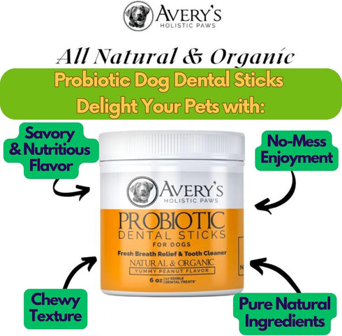 Avery's Holistic Paws Probiotic Dental Stick Treats for Dogs - 23 Peanut Butter Edible Dog Chews, 3 Inches Each - Natural & Organic Dog Chew Stick...