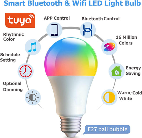 Smart Light Bulbs,WiFi & Bluetooth LED Light Bulb That Compatible with Alexa & Google Home, Color Changing Light Bulb, 10W A19 E26 2.4Ghz WiFi Lig...