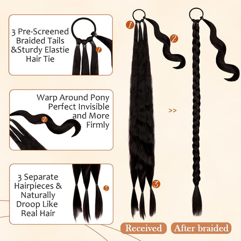 Long Braided Ponytail Extension with Hair Tie Dark Brown Straight Wrap Around Braid Ponytail Hair Extensions Natural Soft Synthetic Hair Piece for...